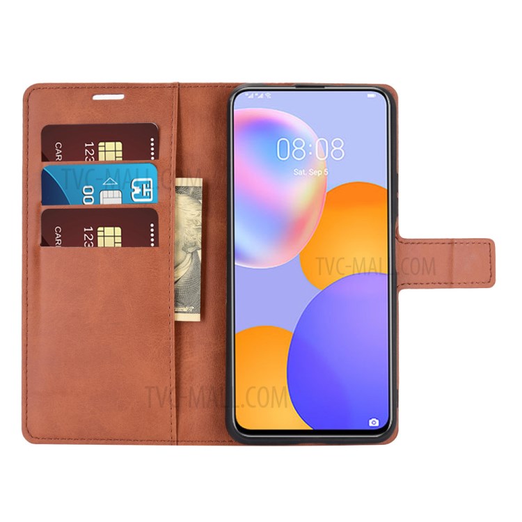 Square Magnetic Clasp Leather Wallet Stand Protective Case for Huawei Y9a / Enjoy 20 Plus 5G - Light Brown-5