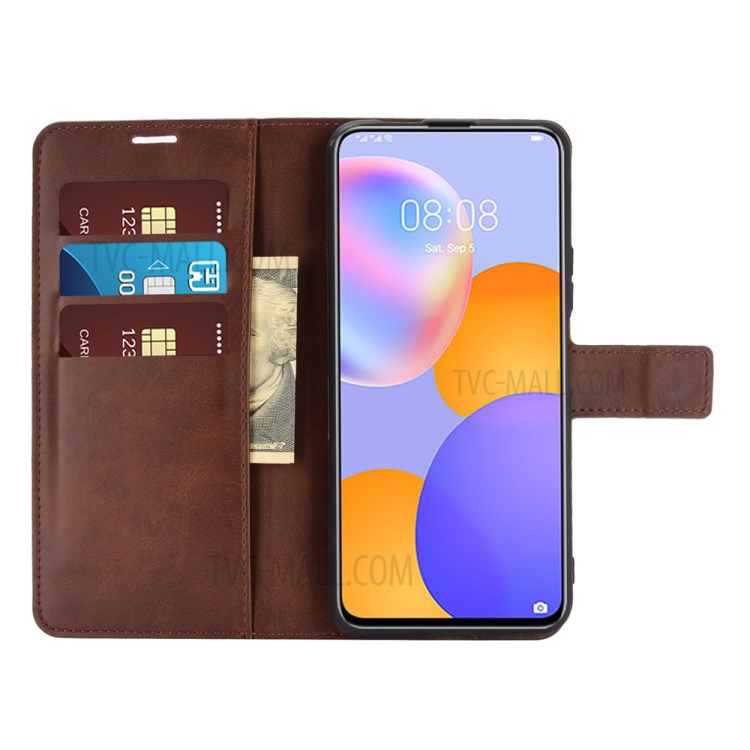 Square Magnetic Clasp Leather Wallet Stand Protective Case for Huawei Y9a / Enjoy 20 Plus 5G - Brown-5