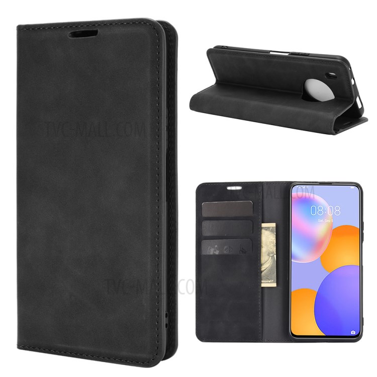 Silky Touch Auto-absorbed Wallet Leather Stand Case for Huawei Y9a / Enjoy 20 Plus 5G - Black-1