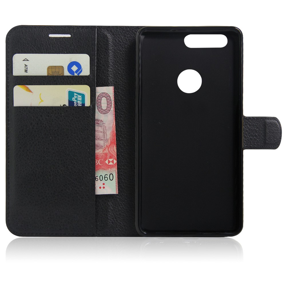 Litchi Texture Stand Case de Cuero Para Huawei Honor 8 Con Folio Flip Wallet Design Cover Phone - Negro