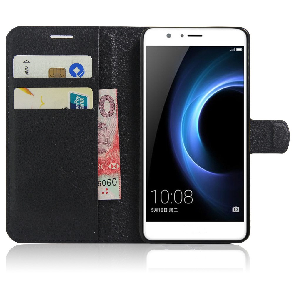 Litchi Stand Stand Leather Case Para Huawei Honor 8 Com Fólio Flip Wallet Design Tampa do Telefone - Preto