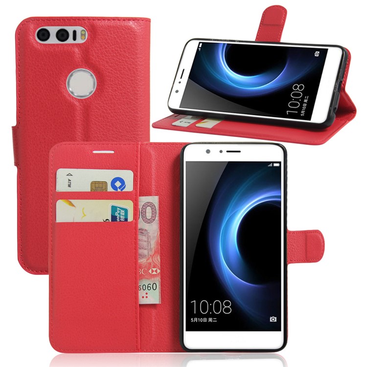 Litchi Texture Flip Leather Wallet Shell for Huawei Honor 8 - Red-1