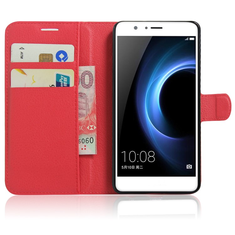 Litchi Texture Stand in Pelle Custodia Per Huawei Honor 8 Con Folio Flip Wallet Design Cover Del Telefono - Rosso-5