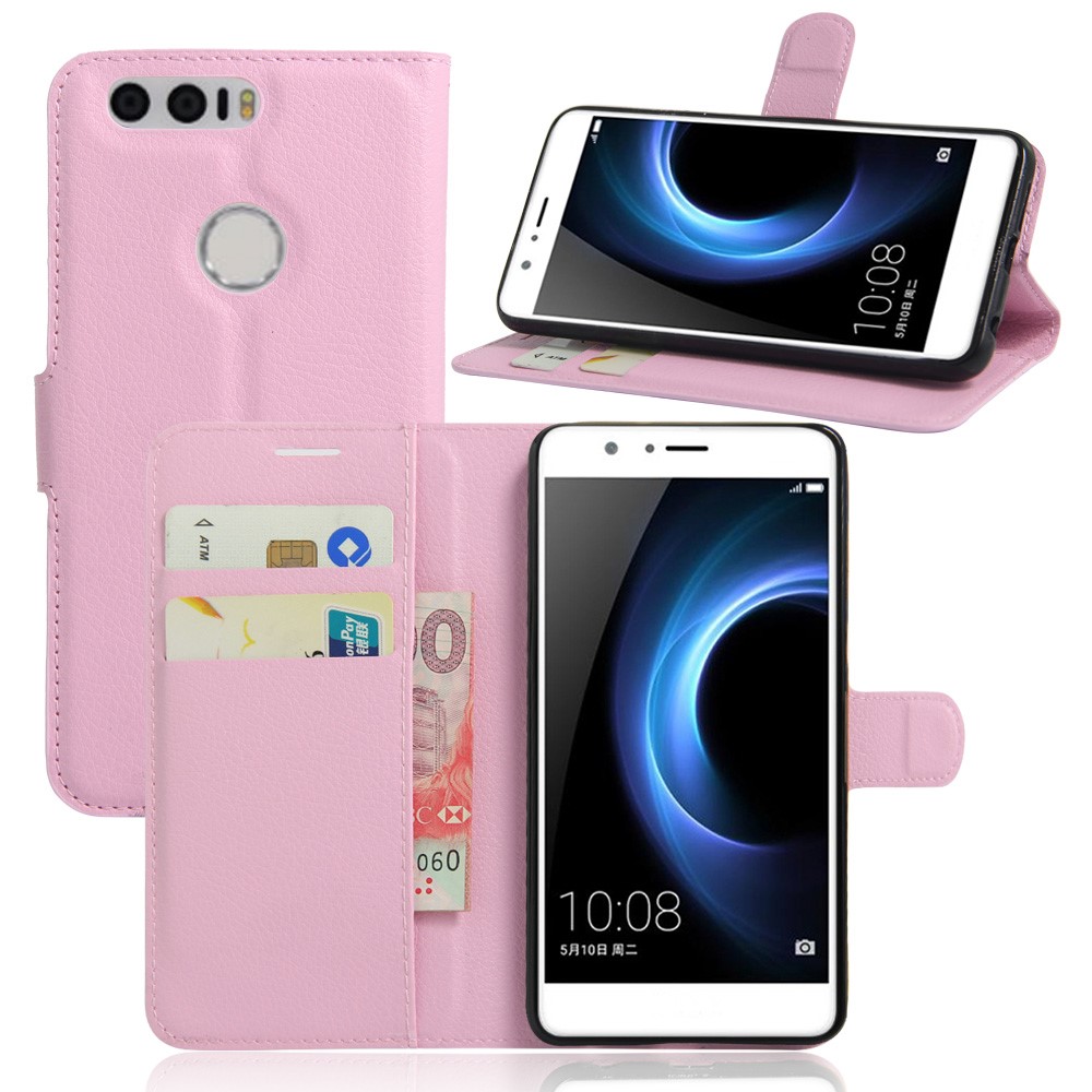 Litchi Grain Leather Wallet Stand Cover for Huawei Honor 8 - Pink-1