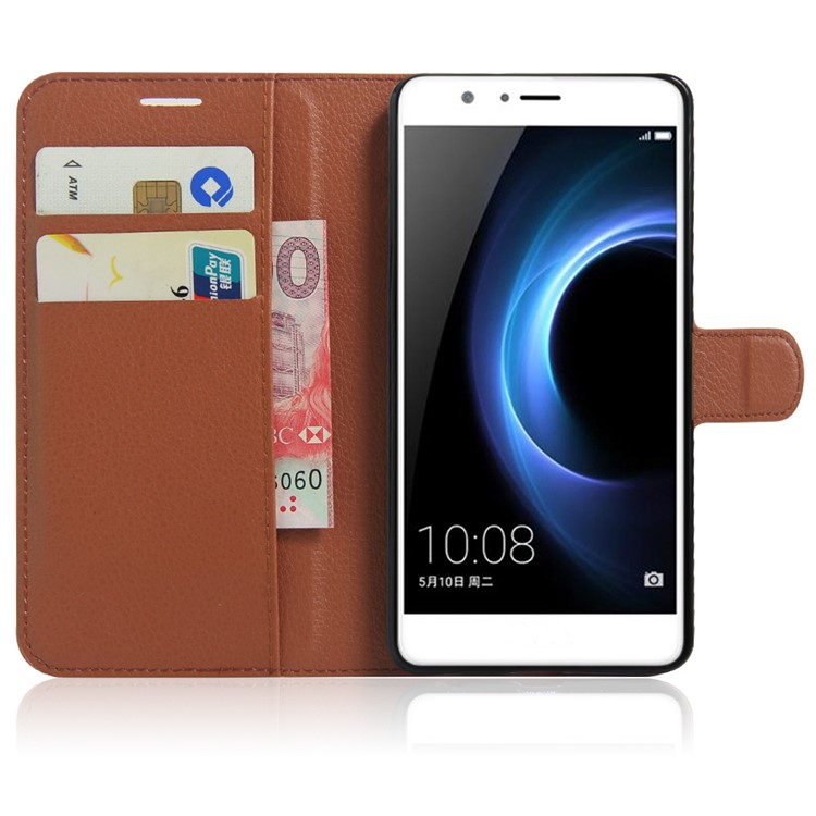 Litchi Stand Stand Leather Case Para Huawei Honor 8 Com Fólio Flip Wallet Design Tampa do Telefone - Castanho