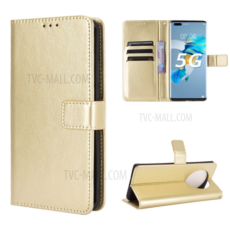 Wallet Stand Cover Shell Crazy Horse Skin Leather Phone Case with Wrist Strap for Huawei Mate 40 Pro Plus - Gold-1
