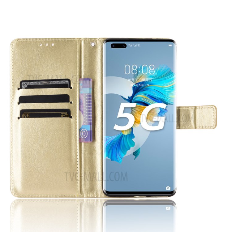 Wallet Stand Cover Shell Crazy Horse Skin Leather Phone Case with Wrist Strap for Huawei Mate 40 Pro Plus - Gold-4