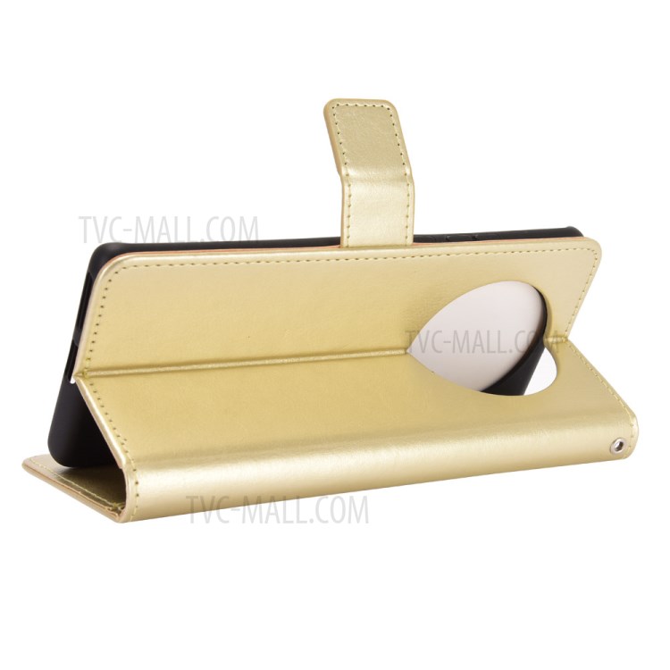 Wallet Stand Cover Shell Crazy Horse Skin Leather Phone Case with Wrist Strap for Huawei Mate 40 Pro Plus - Gold-5