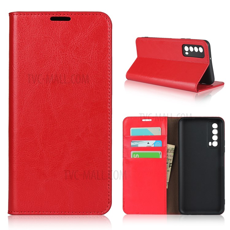 Crazy Horse Genuine Leather Wallet Stand Case for Huawei P Smart 2021 / Y7a - Red-1