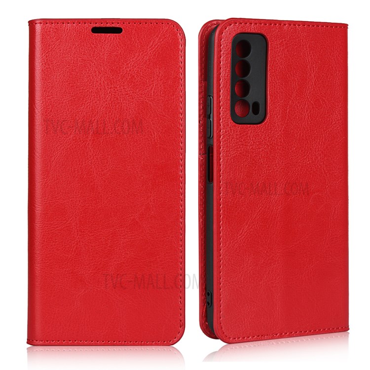 Crazy Horse Genuine Leather Wallet Stand Case for Huawei P Smart 2021 / Y7a - Red-2