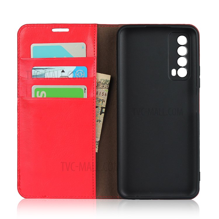 Crazy Horse Genuine Leather Wallet Stand Case for Huawei P Smart 2021 / Y7a - Red-5