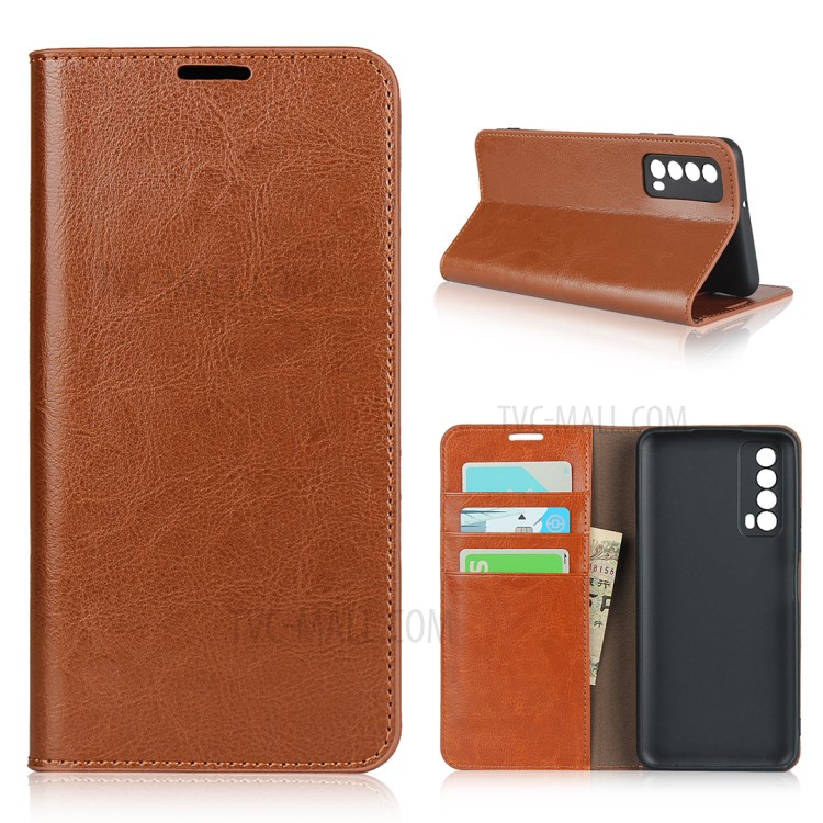 Crazy Horse Genuine Leather Wallet Stand Case for Huawei P Smart 2021 / Y7a - Light Brown-1