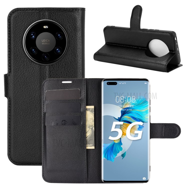 Личи Текстура Кожаный Кошелек Телефон Защитный Чехол Для Huawei Mate 40 Pro Plus - Черный-2