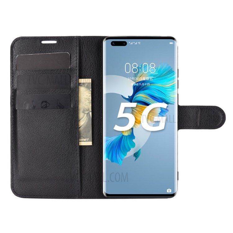 Личи Текстура Кожаный Кошелек Телефон Защитный Чехол Для Huawei Mate 40 Pro Plus - Черный-4