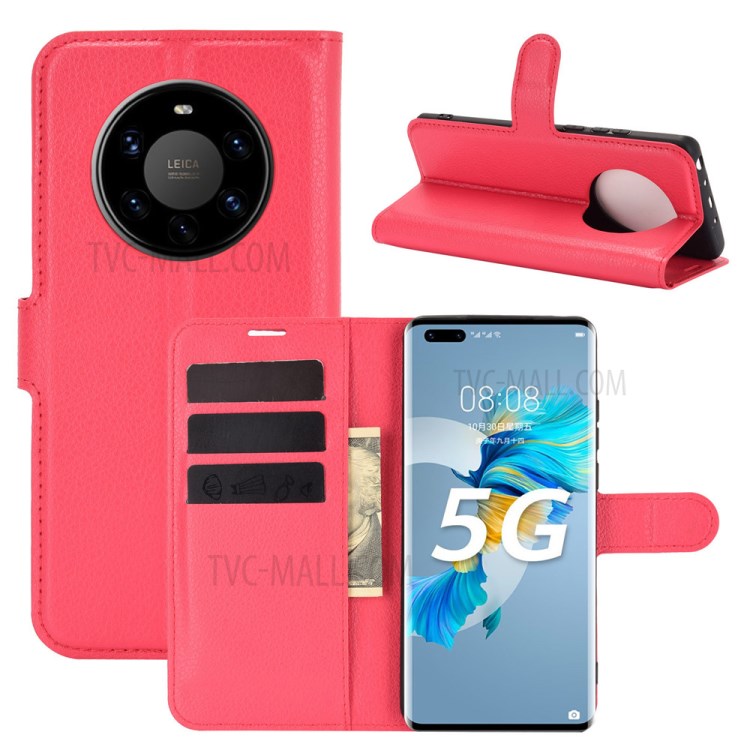 Litchi Texture Leather Wallet Phone Protective Cover for Huawei Mate 40 Pro Plus - Red-1