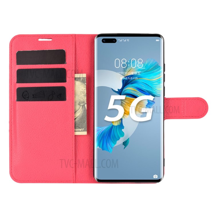 Litchi Texture Leather Wallet Phone Protective Cover for Huawei Mate 40 Pro Plus - Red-4