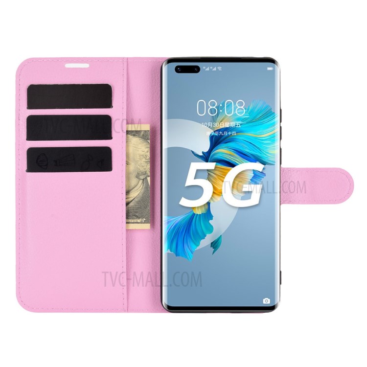Litchi Texture Leather Wallet Phone Protective Cover for Huawei Mate 40 Pro Plus - Pink-4