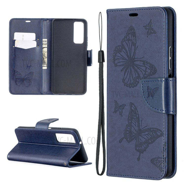 For Huawei P smart 2021/Y7a Imprint Butterfly Leather Wallet Case - Blue-1