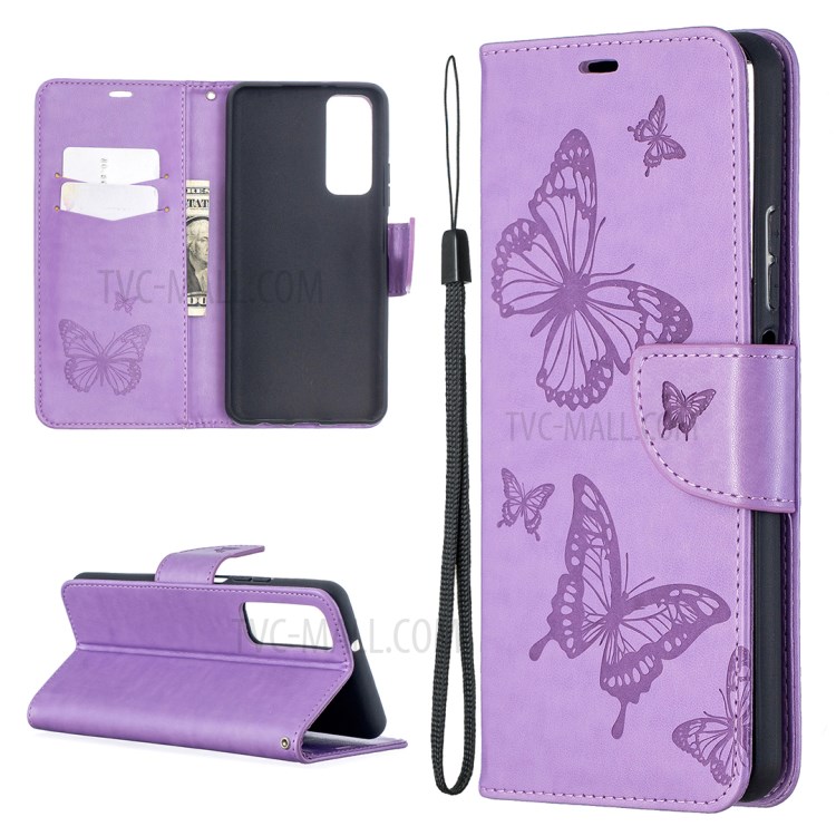 For Huawei P smart 2021/Y7a Imprint Butterfly Leather Wallet Case - Purple-1