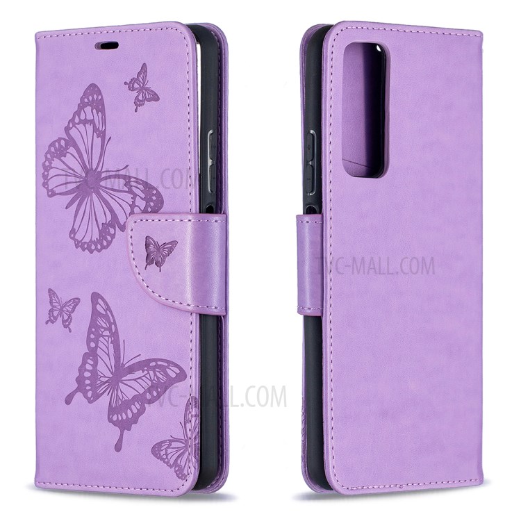 For Huawei P smart 2021/Y7a Imprint Butterfly Leather Wallet Case - Purple-2