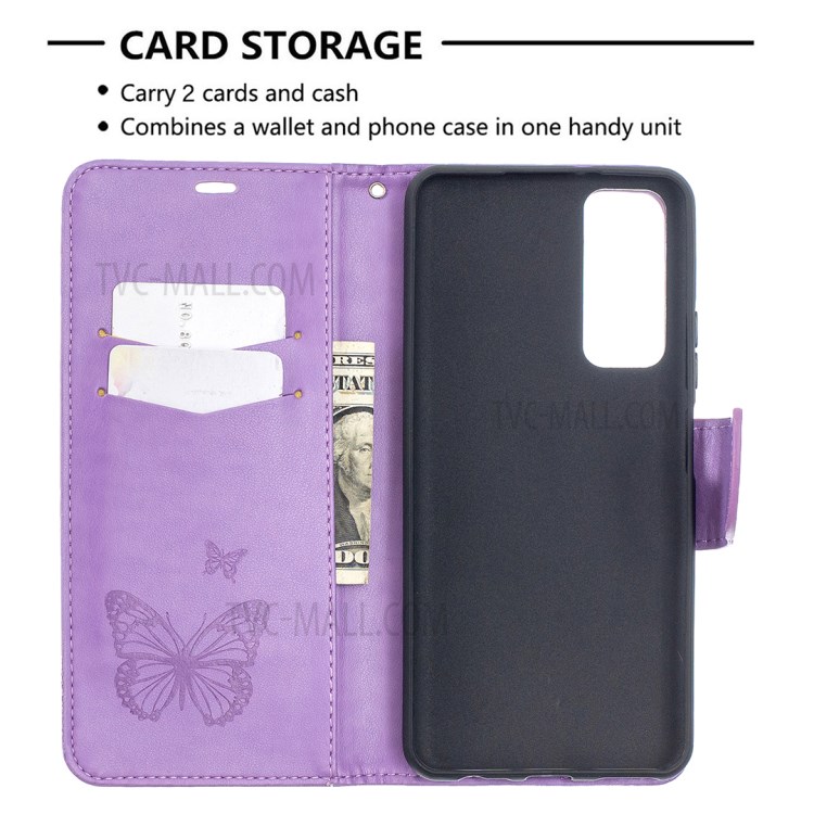 For Huawei P smart 2021/Y7a Imprint Butterfly Leather Wallet Case - Purple-6