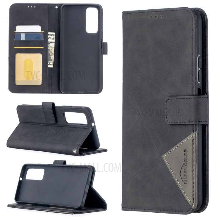 BF05 Geometric Texture Leather Wallet Stand Protector Case for Huawei P smart 2021 / Y7a - Black-1