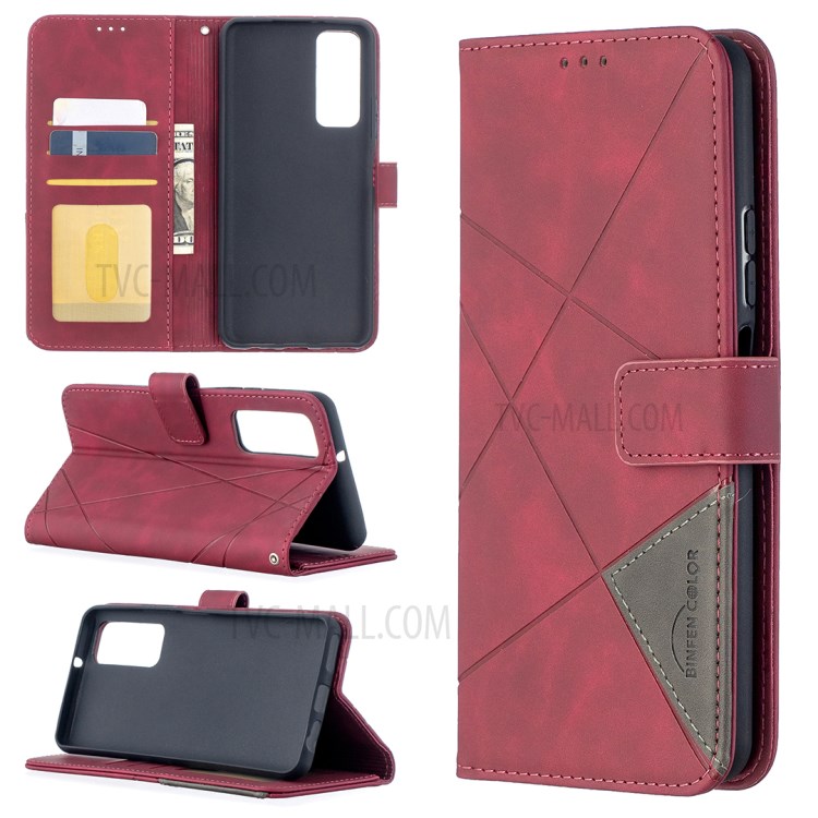 BF05 Geometric Texture Leather Wallet Stand Protector Case for Huawei P smart 2021 / Y7a - Red-1