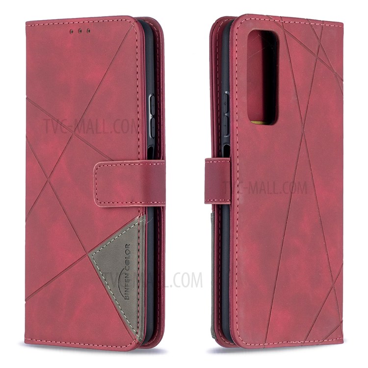 BF05 Geometric Texture Leather Wallet Stand Protector Case for Huawei P smart 2021 / Y7a - Red-4