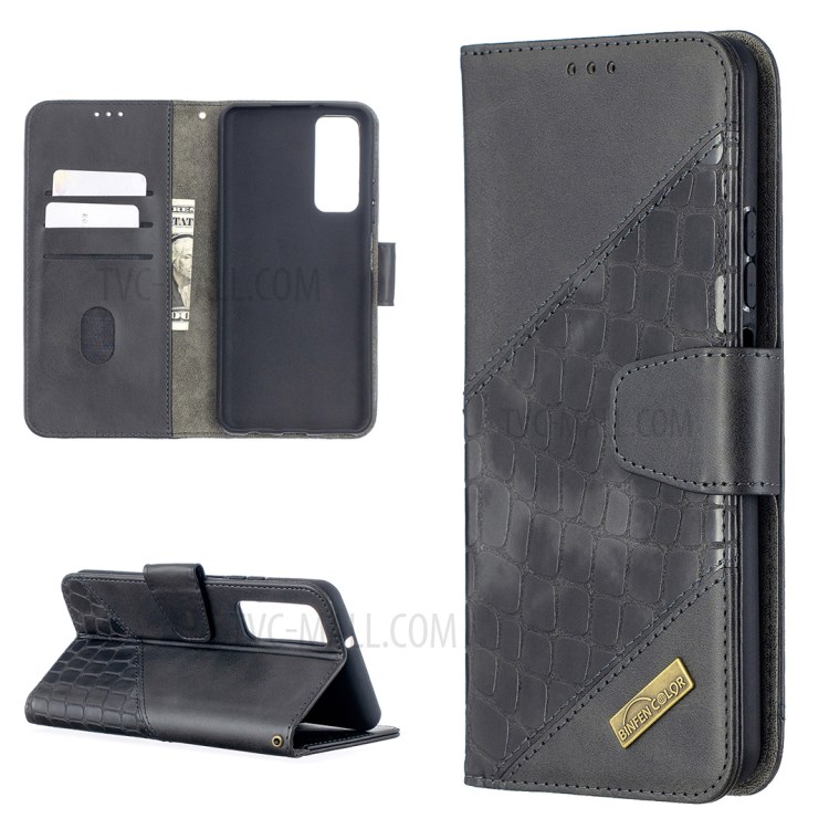 BF04 Splicing Crocodile Texture Wallet Stand Leather Case for Huawei P smart 2021 / Huawei Y7a - Black-1