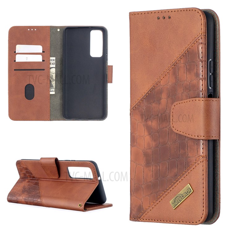 BF04 Splicing Crocodile Texture Wallet Stand Leather Case for Huawei P smart 2021 / Huawei Y7a - Brown-1