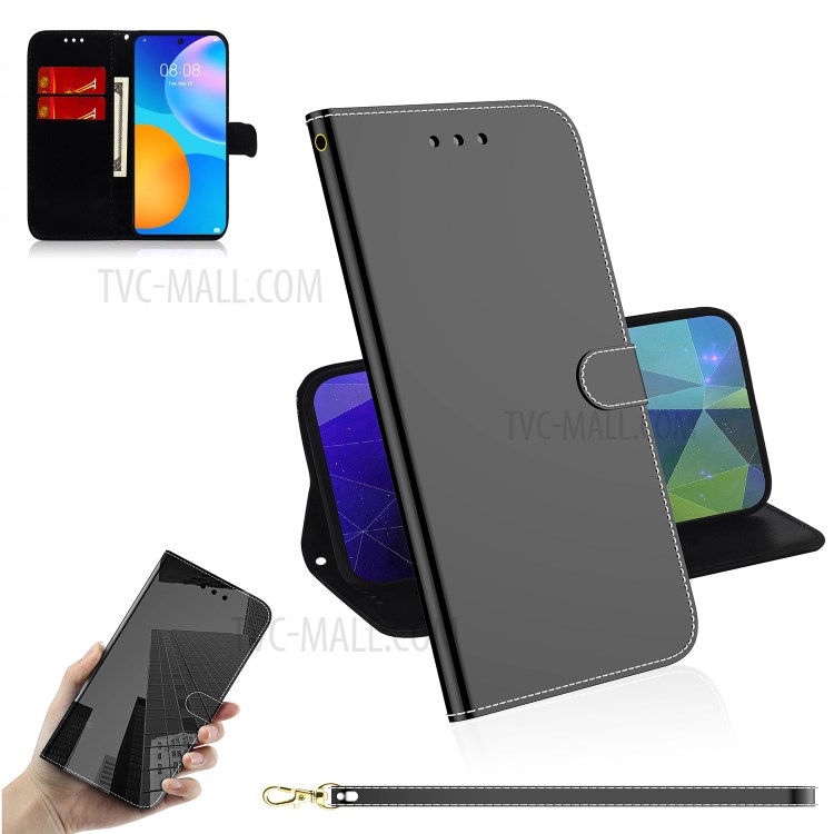 Mirror-like Surface Wallet Stand Leather Case for Huawei P smart 2021 / Huawei Y7a - Black-1
