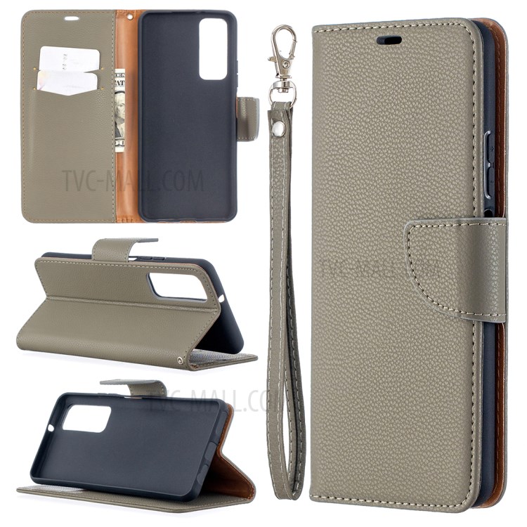 Litchi Skin Wallet Pure Color Phone Case for Huawei P Smart 2021 / Huawei Y7a - Grey-1