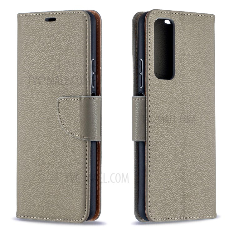 Litchi Skin Wallet Pure Color Phone Case for Huawei P Smart 2021 / Huawei Y7a - Grey-4