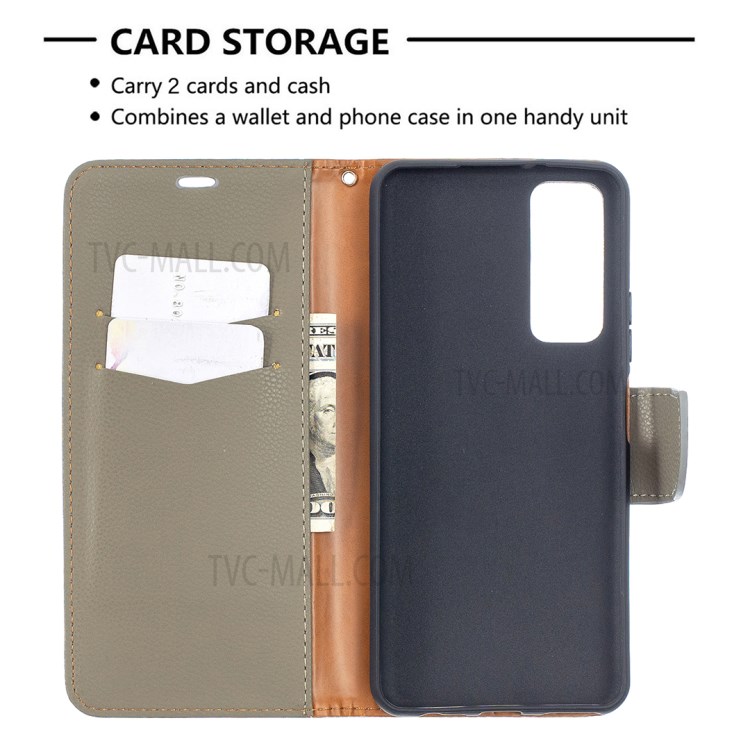 Litchi Skin Wallet Pure Color Phone Case for Huawei P Smart 2021 / Huawei Y7a - Grey-6