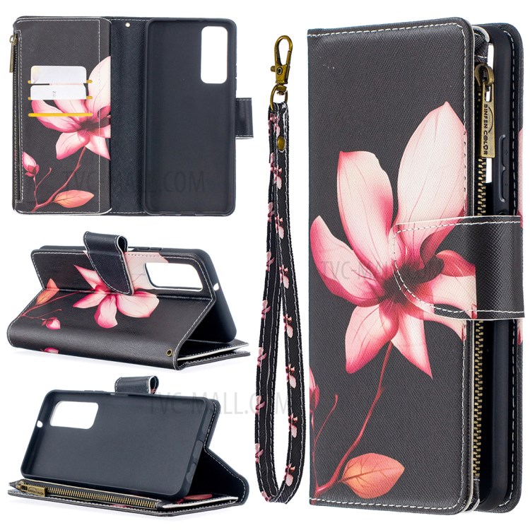 BF03 Zipper Wallet Pattern Printing Leather Phone Case for Huawei P smart 2021/Y7a - Pink Flower-1