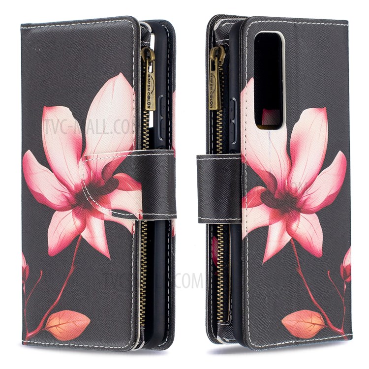 BF03 Zipper Wallet Pattern Printing Leather Phone Case for Huawei P smart 2021/Y7a - Pink Flower-4