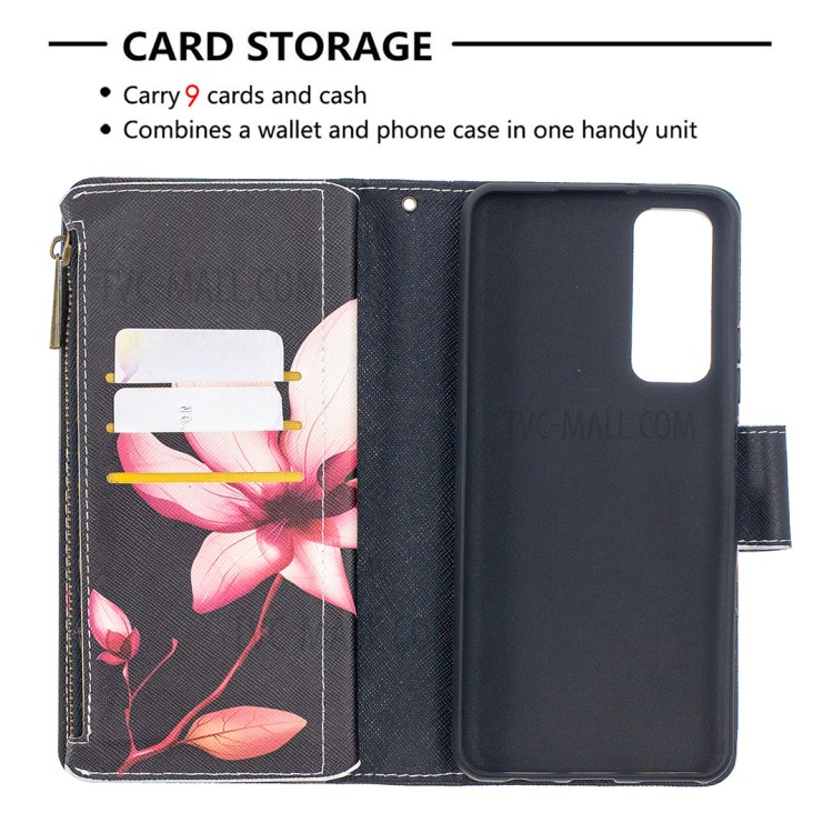 BF03 Zipper Wallet Pattern Printing Leather Phone Case for Huawei P smart 2021/Y7a - Pink Flower-6