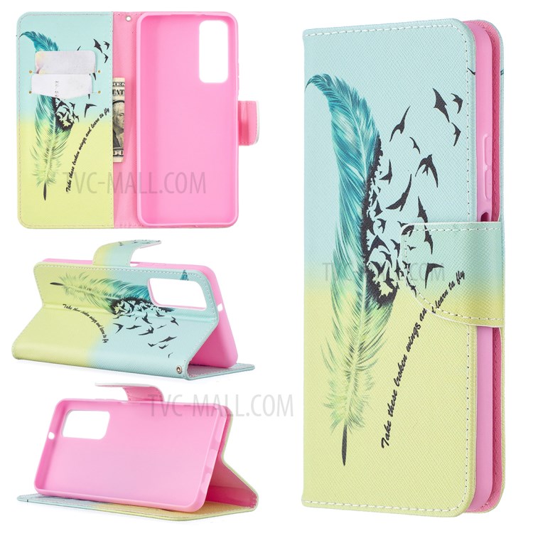Pattern Printing Leather Stand Wallet Protective Shell for Huawei P smart 2021/Y7a - Feather-1