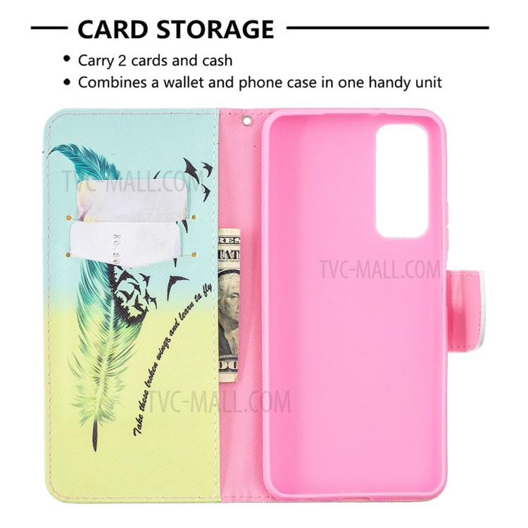 Pattern Printing Leather Stand Wallet Protective Shell for Huawei P smart 2021/Y7a - Feather-6