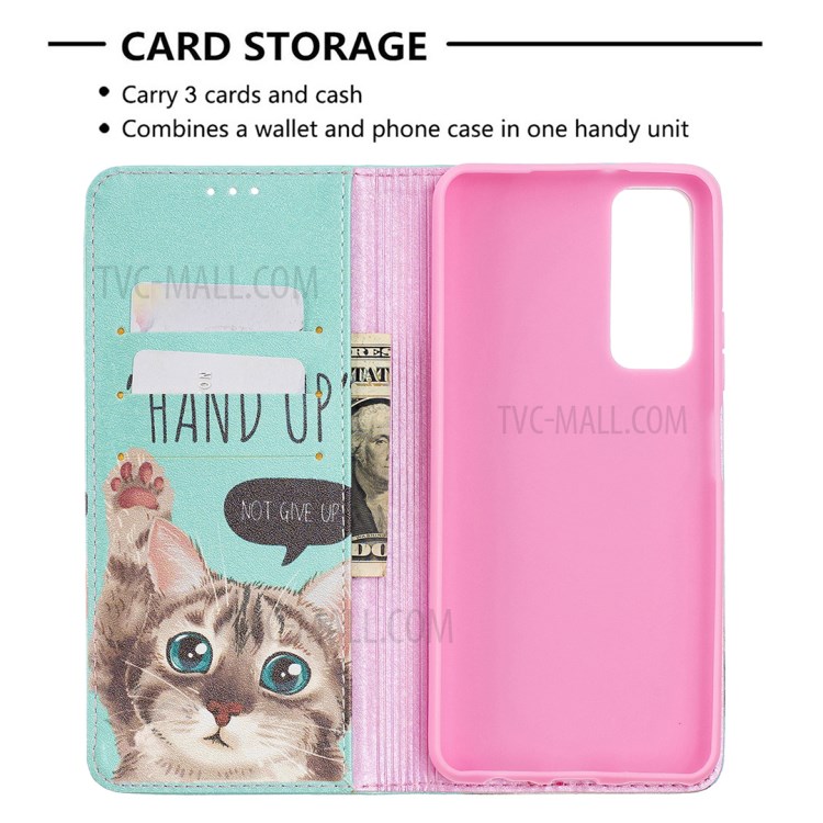Auto-absorbed Stylish Patterned PU Leather Stand Case for Huawei P smart 2021/Y7a - Cat-7