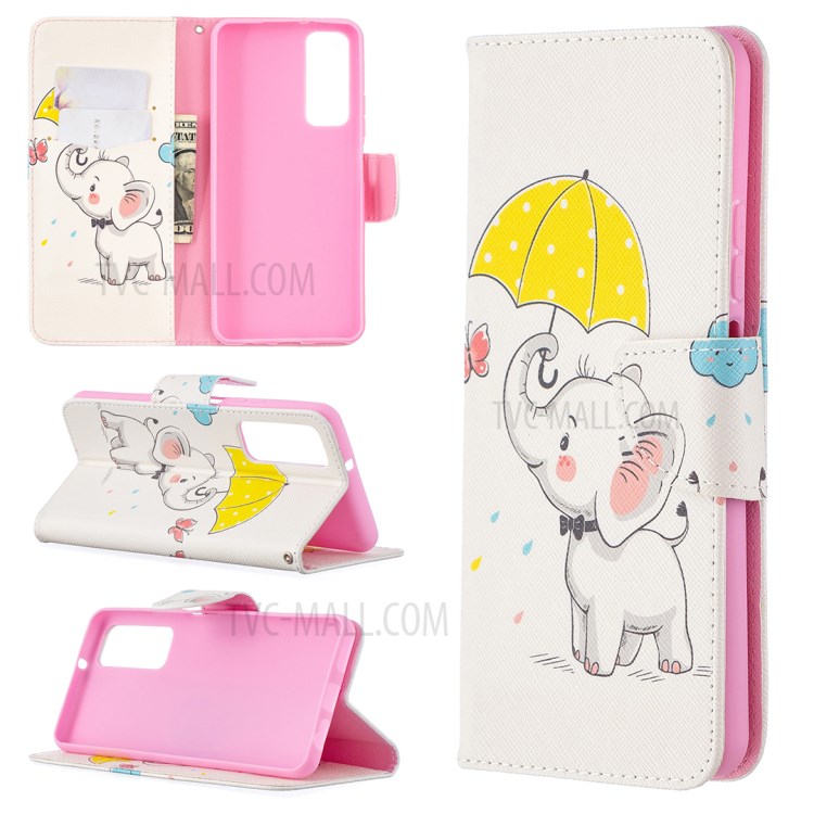 Pattern Printing Wallet Stand Flip Leather Phone Protective Shell for Huawei P smart 2021/Y7a - Elephant and Umbrella-1