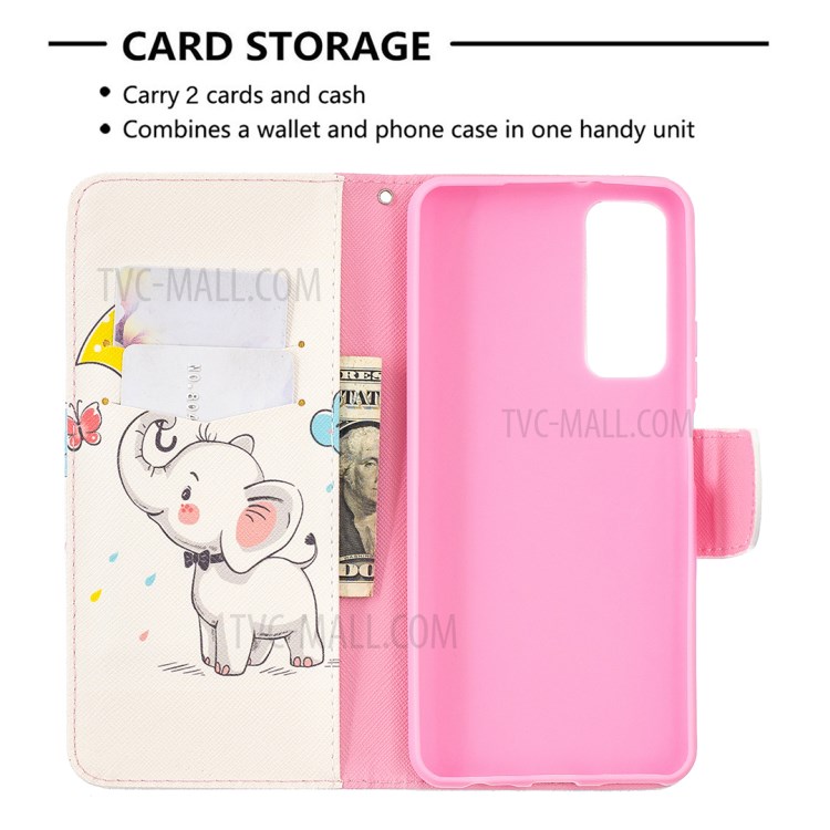 Pattern Printing Wallet Stand Flip Leather Phone Protective Shell for Huawei P smart 2021/Y7a - Elephant and Umbrella-6