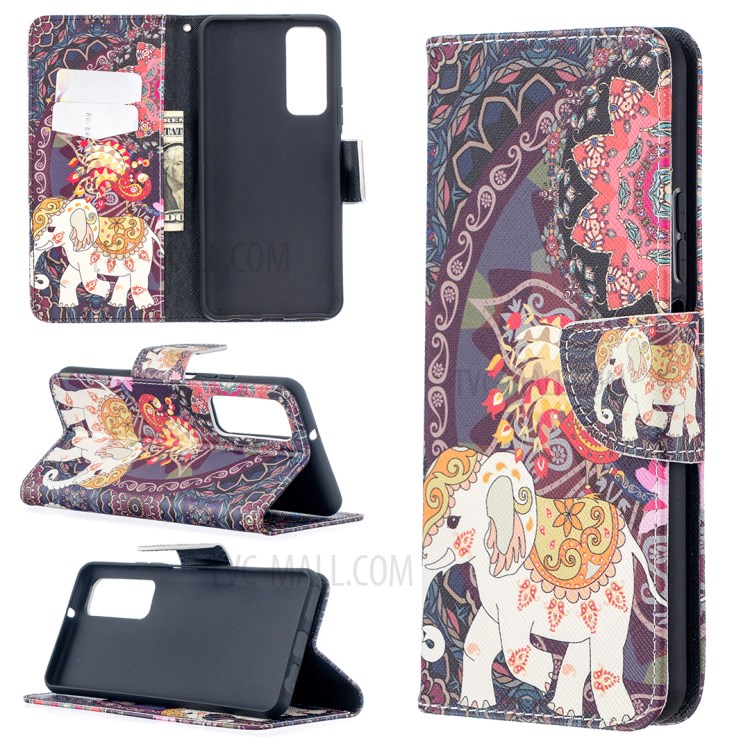 Pattern Printing Wallet Stand Flip Leather Phone Protective Shell for Huawei P smart 2021/Y7a - Elephant and Flower-1