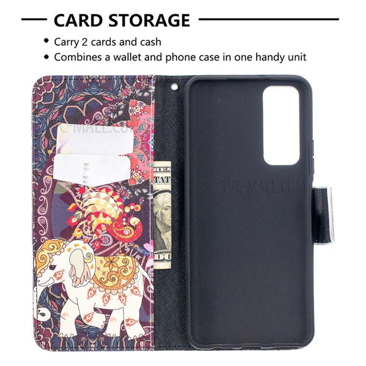 Pattern Printing Wallet Stand Flip Leather Phone Protective Shell for Huawei P smart 2021/Y7a - Elephant and Flower-6