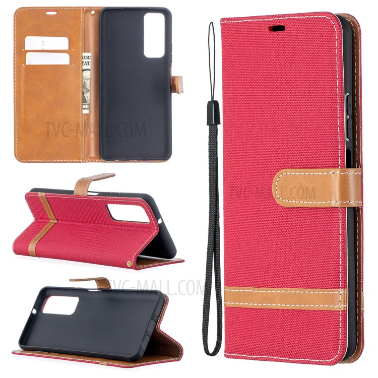 For Huawei P smart 2021 / Huawei Y7a Color Splicing Jeans Cloth Surface Wallet Leather Phone Cover - Red-1