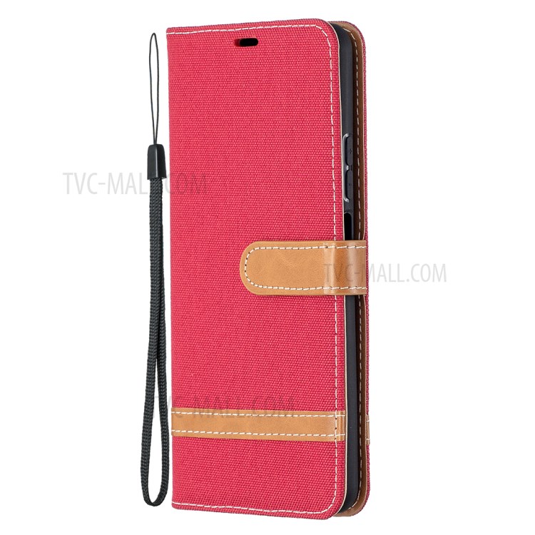 For Huawei P smart 2021 / Huawei Y7a Color Splicing Jeans Cloth Surface Wallet Leather Phone Cover - Red-2