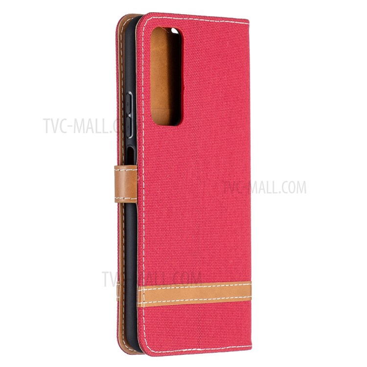 For Huawei P smart 2021 / Huawei Y7a Color Splicing Jeans Cloth Surface Wallet Leather Phone Cover - Red-3