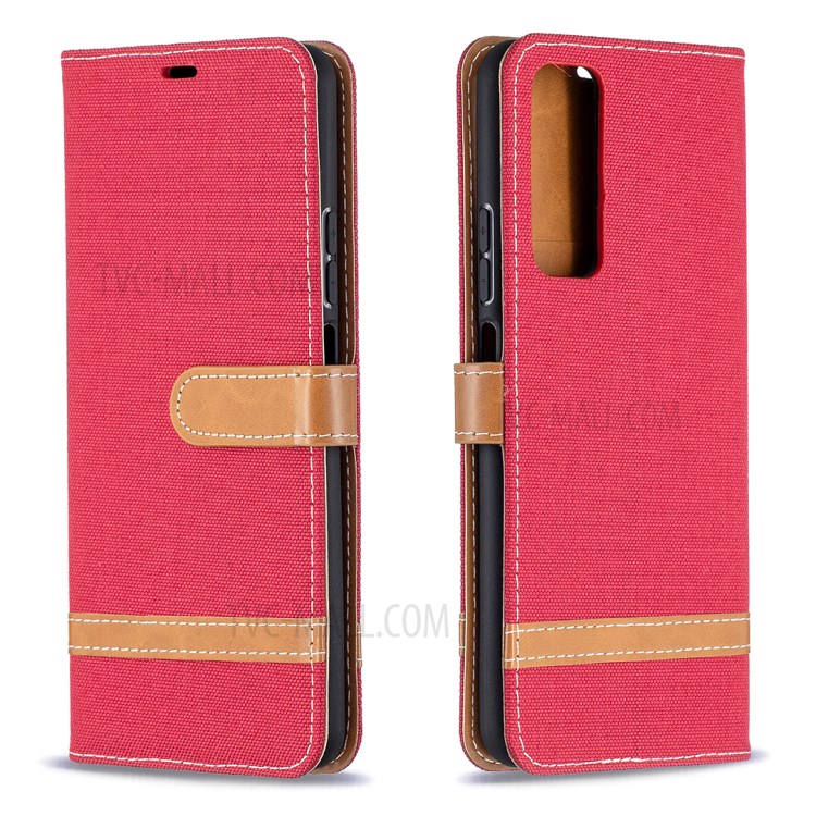 For Huawei P smart 2021 / Huawei Y7a Color Splicing Jeans Cloth Surface Wallet Leather Phone Cover - Red-4