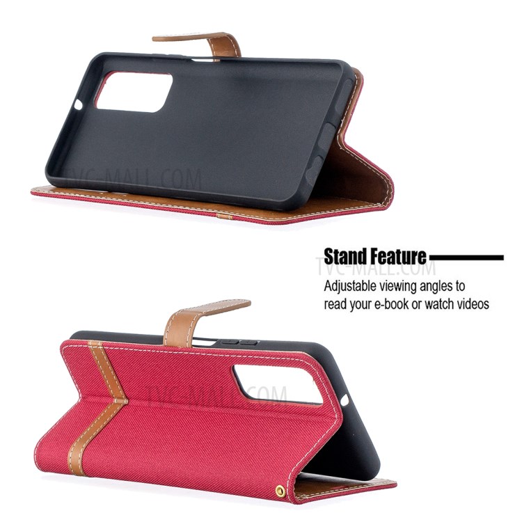 For Huawei P smart 2021 / Huawei Y7a Color Splicing Jeans Cloth Surface Wallet Leather Phone Cover - Red-5