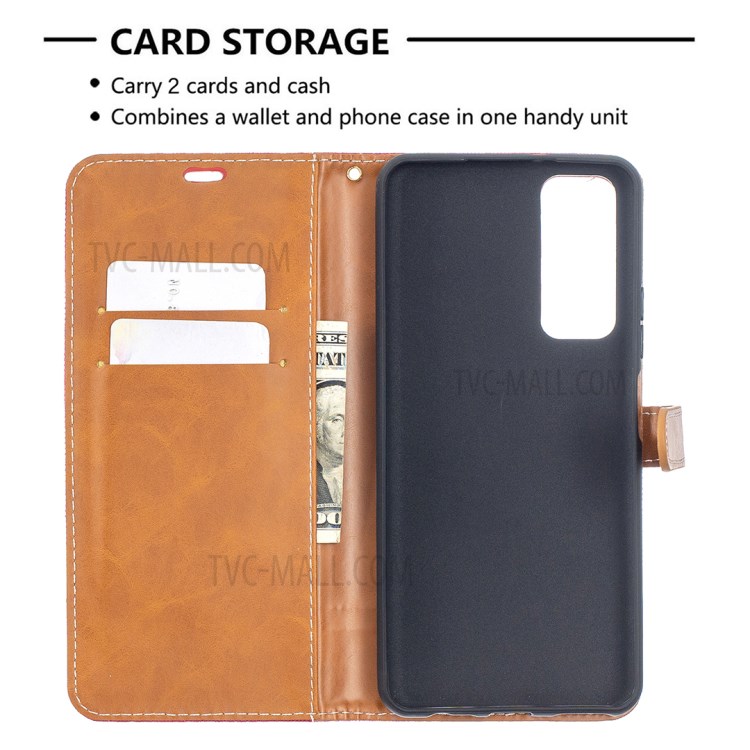 For Huawei P smart 2021 / Huawei Y7a Color Splicing Jeans Cloth Surface Wallet Leather Phone Cover - Red-6